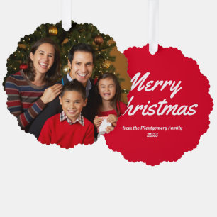Rote Familienfoto Frohe Weihnachten Ornament Karte