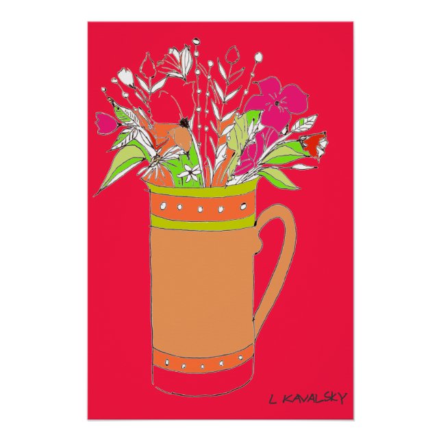Rote, farbige Blume in einem Tasse Poster (Vorderseite)