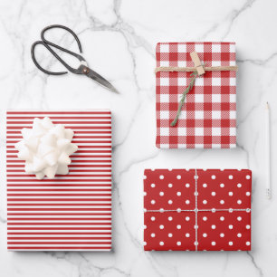 Rote Farbmuster Streifen Gingham Polka Dot Geschenkpapier Set