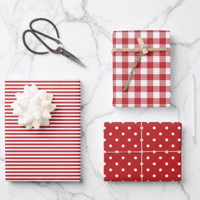Rote Farbmuster Streifen Gingham Polka Dot Geschenkpapier Set (Vorderseite)