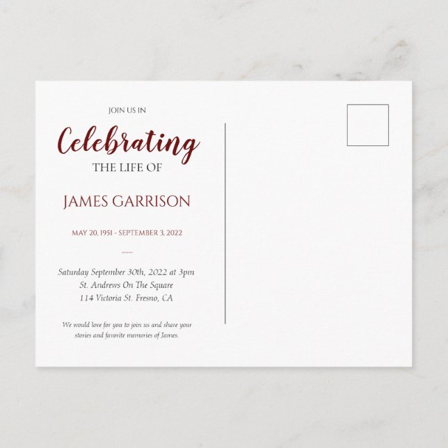 Rote Feier des Lebens mit Foto-Gedenkstätte Postkarte (Rückseite)