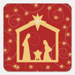 Rote festliche WeihnachtsGeburt Christis-Szene Quadratischer Aufkleber