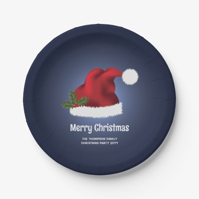 Rote festliche Weihnachtsmannmütze auf Blau mit be Pappteller (Vorderseite)
