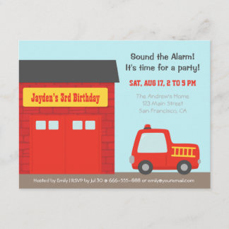 Rote Feuerwehrfahrzeuge und Bahnhofsjunge Geburtst Einladung