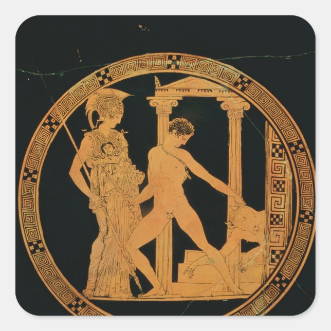 Rote Figur mit Athena, Theseus Quadratischer Aufkleber (Vorderseite)