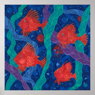 Rote Fische, Meerwassertiere Unterwasser Art Poster