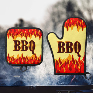 Rote Flammen Grillfest BBQ-Spruch  Ofenhandschuh & Topflappen-Set