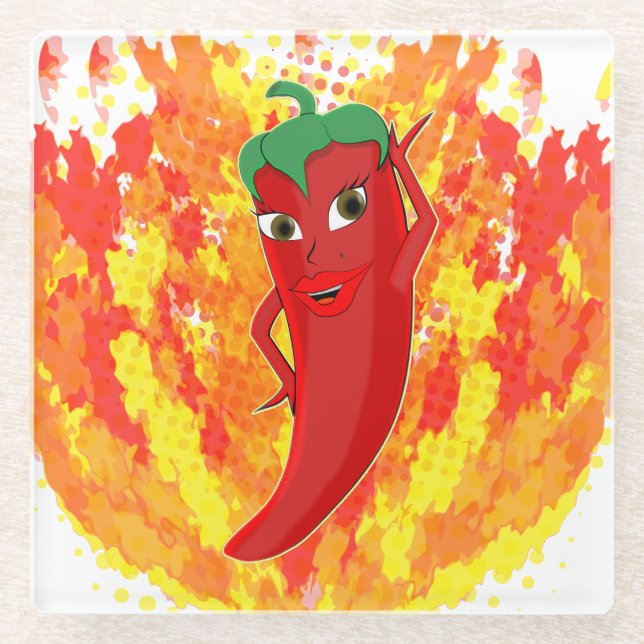Rote Flammen mit Hot Pepper-Flammen Glasuntersetzer (Vorderseite)