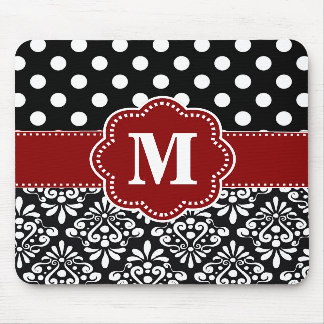 Rote Fleck-Damast-Monogramm-Mausunterlage Mousepad (Vorne)
