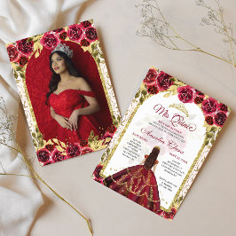 Rote Flora Prinzessin Gold Arch Foto Quinceanera Einladung