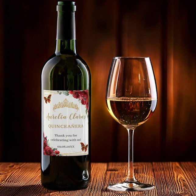 Rote Flora Schmetterlinge Gold Quinceañera Geburts Weinetikett (Von Creator hochgeladen)