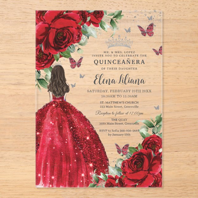 Rote Flora Silberschmetterlinge Quinceañera Süß 16 Acryleinladungen (Vorderseite)
