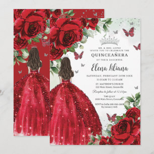 Rote Flora Silberschmetterlinge Quinceañera Süß 16 Einladung