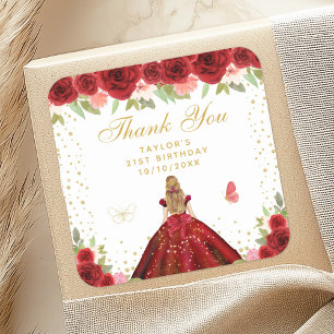 Rote Floral Blonde Hair Prinzessin Geburtstagspart Quadratischer Aufkleber