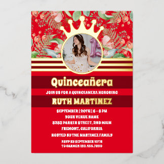 Rote Floral Gold Kronprinzessin Quinceanera Folieneinladung
