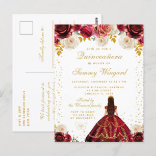Rote Floral Prinzessin Quinceañera Postkarte