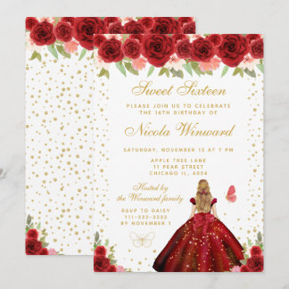 Rote Florale Blondhaarige Prinzessin Sweet Sixteen Einladung