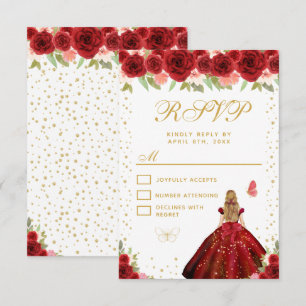 Rote Florale Blondhaarige Prinzessin Sweet Sixteen RSVP Karte