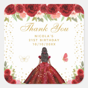 Rote Florale Dark Skin Prinzessin Geburtstagsfeier Quadratischer Aufkleber