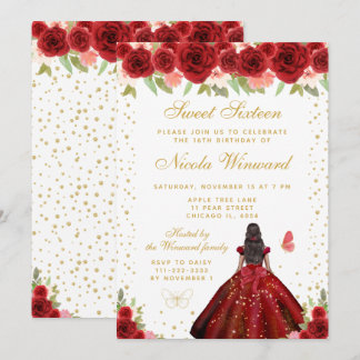 Rote Florale Dunkle Haut Prinzessin Sweet Sixteen Einladung