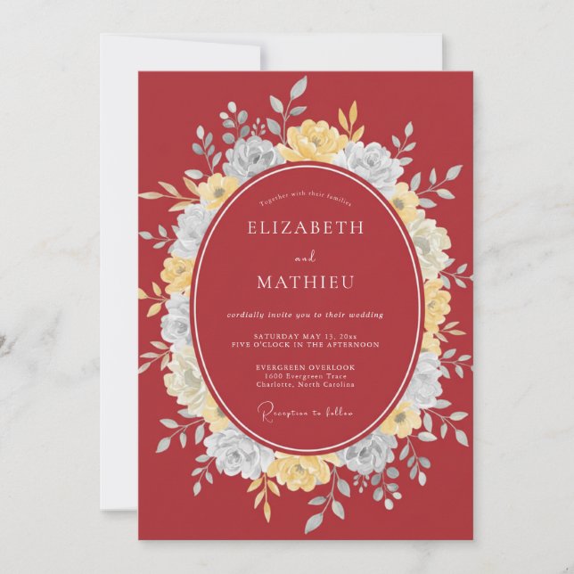 Rote florale Romantik-Hochzeit Einladung (Vorderseite)