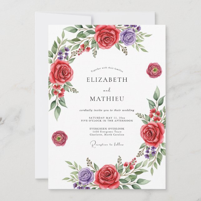 Rote florale romantische Hochzeit Einladung (Vorderseite)