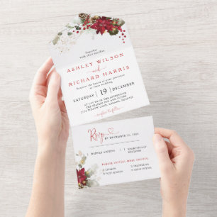 Rote florale Weihnachts-Hochzeit Alles-in-Einem-Ei All In One Einladung