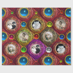 ROTE FLORALISCHE CHRISTMAS KROWNS,BLAUE GEMS FOTO  GESCHENKPAPIER