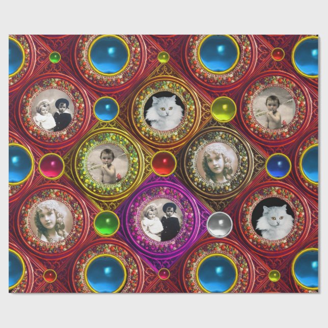 ROTE FLORALISCHE CHRISTMAS KROWNS,BLAUE GEMS FOTO  GESCHENKPAPIER (Flach)