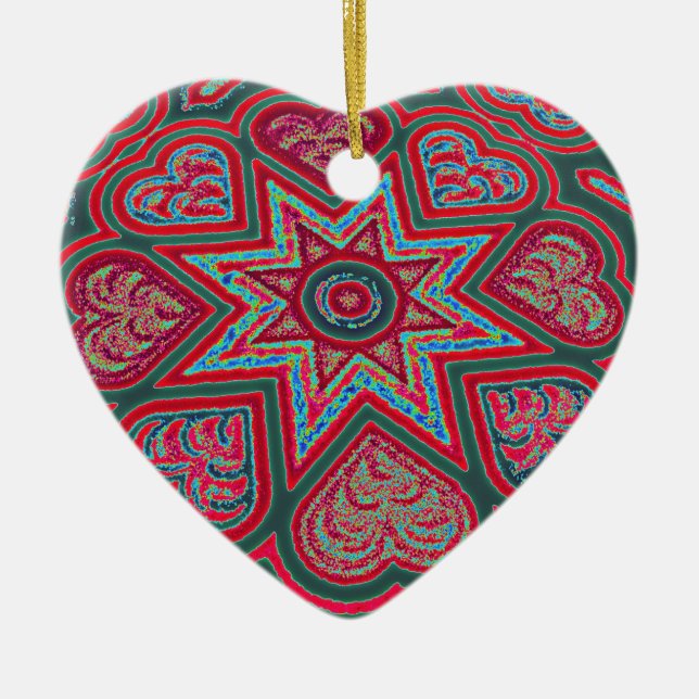 Rote Folk Art Hearts Keramikornament (Vorne)