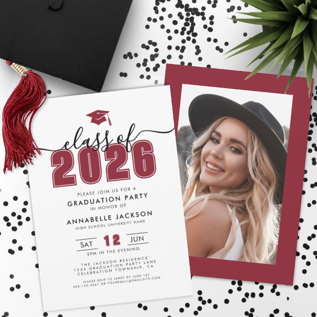 Rote Foto-Abschlussfeier Einladung (Red Photo Graduation Party Invitation)