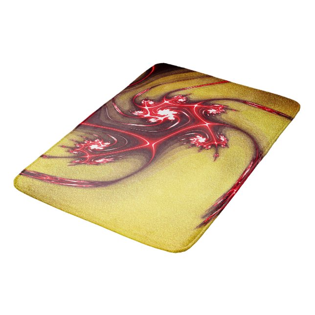 Rote Fraktal-Eidechse auf weich ockerfarbener Text Badematte (Schrägansicht)