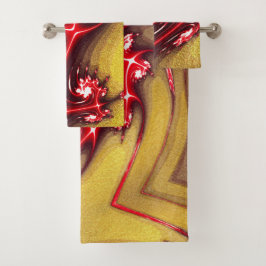 Rote Fraktal-Eidechse auf weich ockerfarbener Text Badhandtuch Set