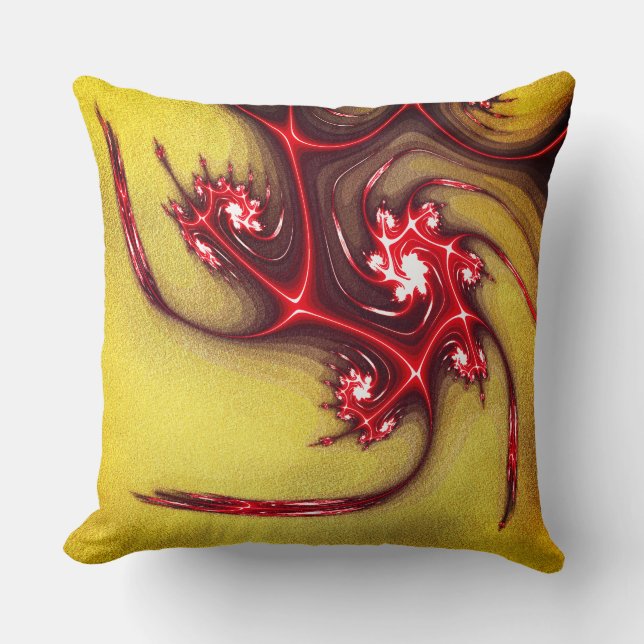 Rote Fraktal-Eidechse auf weich ockerfarbener Text Kissen (Vorderseite)