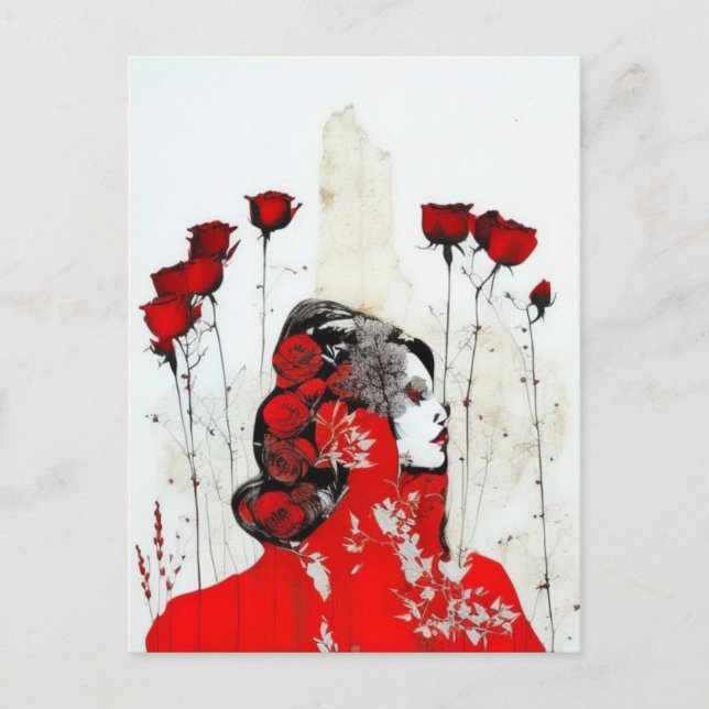 Rote Frau mit Rote Rosen Postkarte (Vorderseite)
