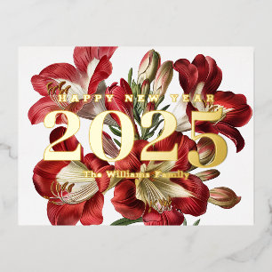 Rote Freesien-Blume Frohes Neues Jahr 2027 Gold Folien Feiertagspostkarte