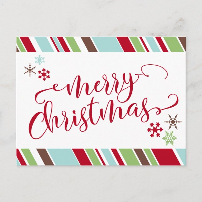 Rote frohe Weihnachten, Schneeflocken & Diagonale  Feiertagspostkarte (Vorderseite)
