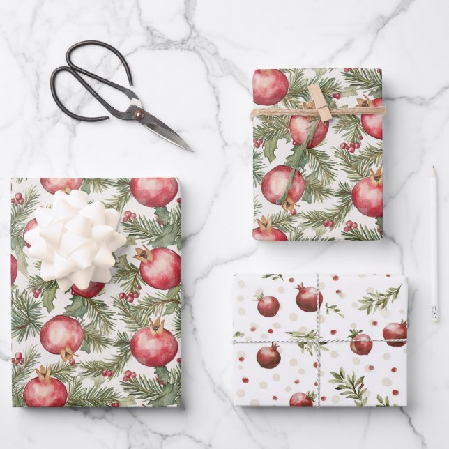 Rote Frucht Granatapfel Weihnachten Geschenkpapier Set (Vorderseite)