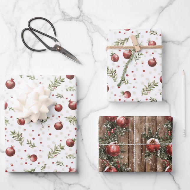 Rote Frucht Granatapfel Weihnachten Geschenkpapier Set (Vorderseite)