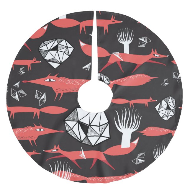 Rote Füchse: Dunkler Hintergrund Nahtlos. Polyester Weihnachtsbaumdecke (Vorderseite)