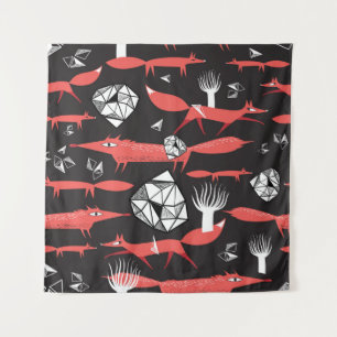 Rote Füchse: Dunkler Hintergrund Nahtlos. Wandteppich