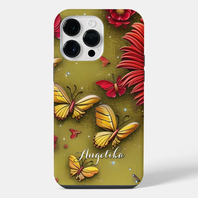 Rote Gänseblümchen Gold Schmetterlinge Personalisi iPhone Hülle (Rückseite)