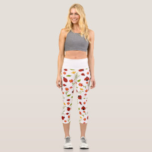 Rote Gänseblümchen-Marienkäfer-Blumen-High-Waisted Capri Leggings