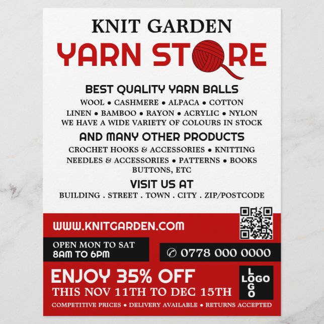 Rote Garne-Store-Logo, Knittershop, Garnspeicher Flyer (Vorne)