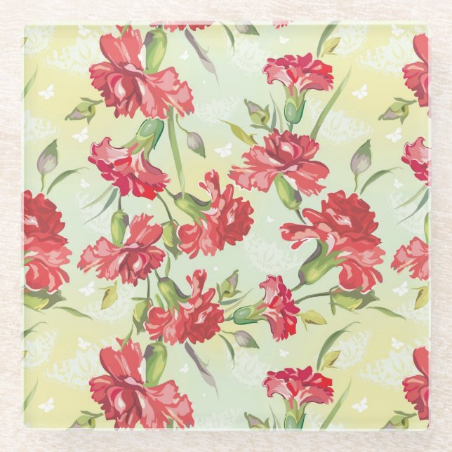 Rote Gartennelken auf Grün mit Schmetterlingen Glasuntersetzer (Vorderseite)