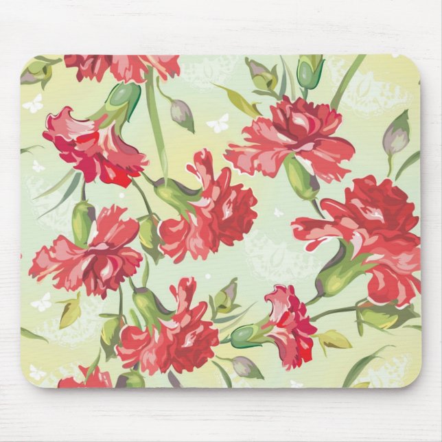Rote Gartennelken auf Grün mit Schmetterlingen Mousepad (Vorne)