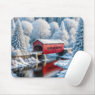 Rote gedeckte Brücke in einem Winterwald zu Weihna Mousepad