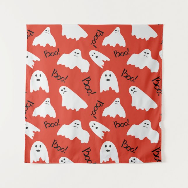 Rote Geister: Halloween Vintages Muster Wandteppich (Vorderseite)