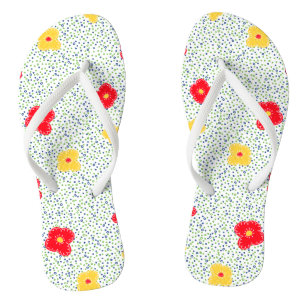 Rote gelbe Blumen, grüner blauer Polka-Punkt Flip Flops