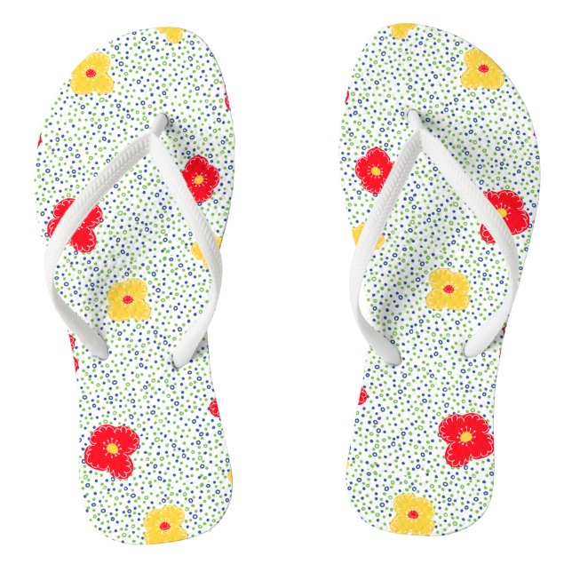 Rote gelbe Blumen, grüner blauer Polka-Punkt Flip Flops (Fußbett)
